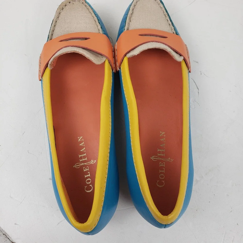 Cole Haan Womens Colorblock Leather Penny Loafers Blue Yellow Orange D37781 6.5B
